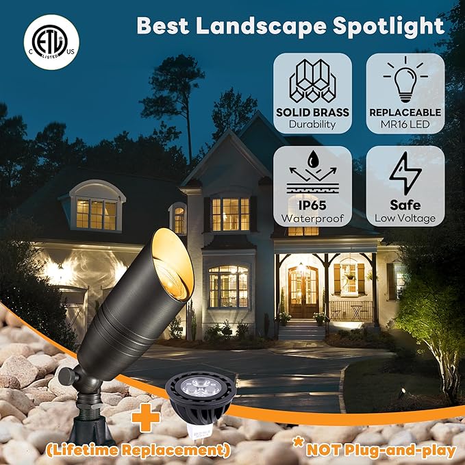 Spot Light Brass - Outdoor Landscape Spotlights LED, 12V Low Voltage Landscaping Uplights, Hard-Wired All Weather Bronze for Backyard Lawn with Day Light Changeable Bulbs (8 Pack)