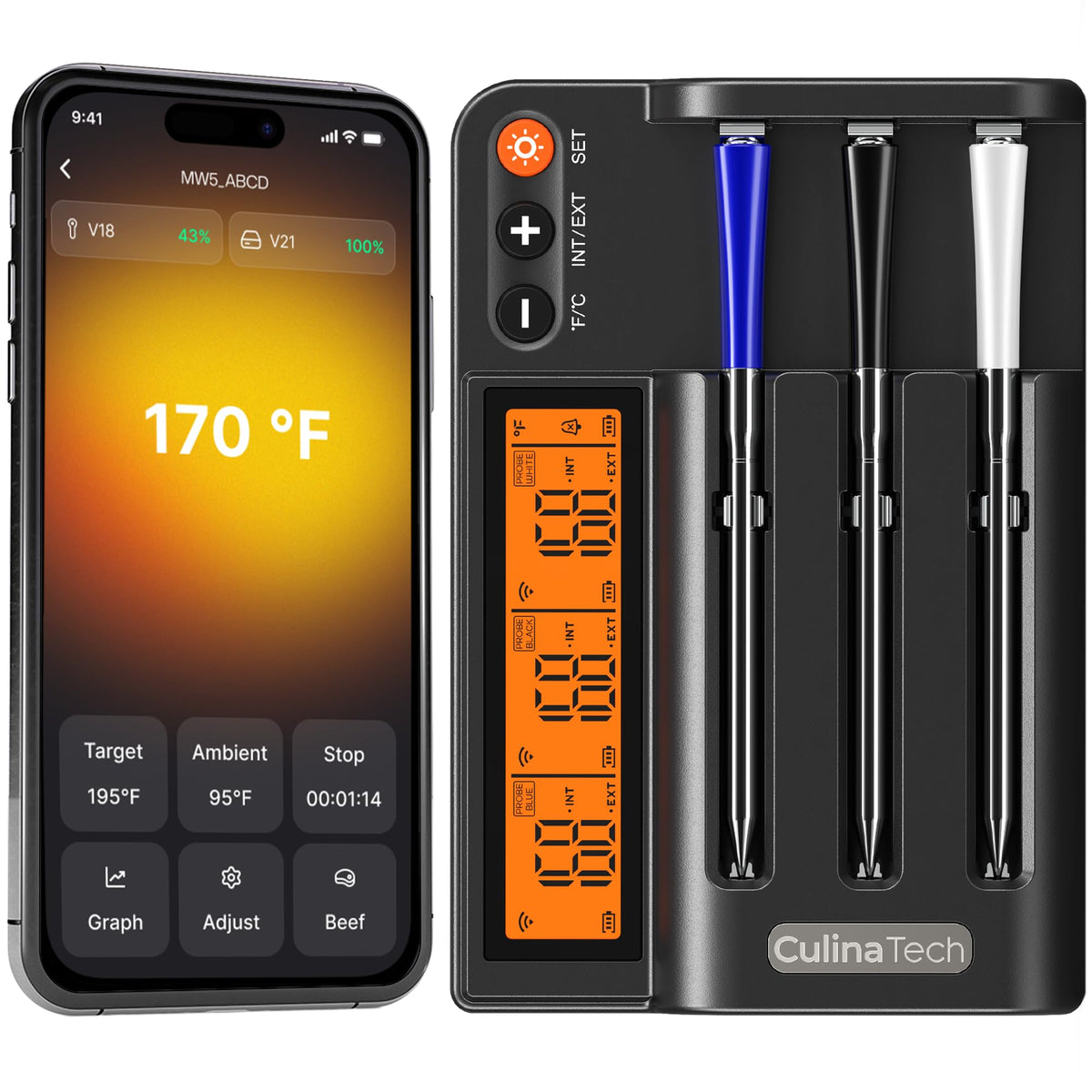 CulinaTech 750ft Wireless Meat Thermometer Long Range for Smoker, BBQ & Rotisserie, 3 Probes Smart Bluetooth Thermometer Dual Sensor Waterproof Probe with LCD Base Station Display & App Control