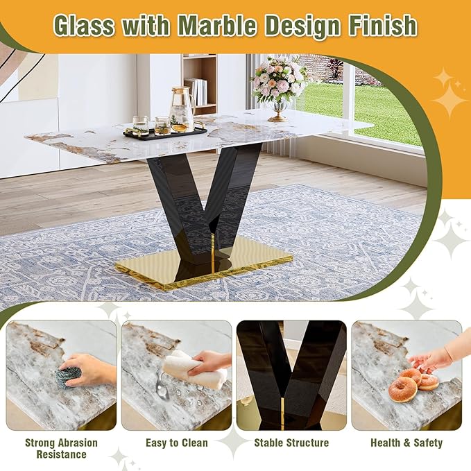 Marble Dining Table for 6,71'' Gold Dining Table with Faux Marble Table Top and Glossy Black V-Shaped Base,Large Modern Dining Table Ideal for Dinner Parties Apartments Kitchen