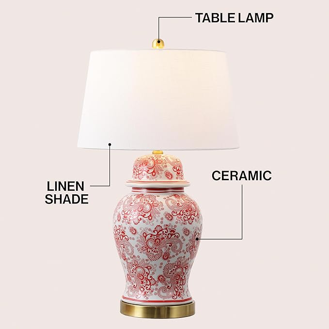 JONATHAN Y 29.5" Red/White Ceramic Table Lamp for Living Room and Office, White Linen Drum Shade, Traditional Chinoiserie Ginger Jar Lamp, LED Bulb Included (JYL3008C)