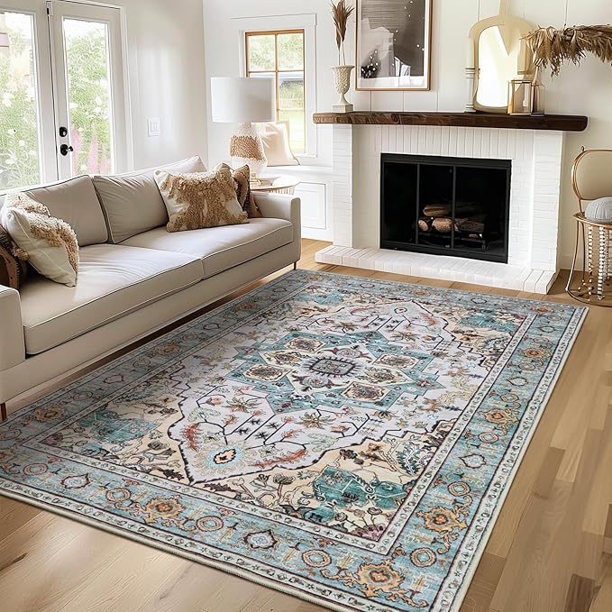 WILLSUN Washable Area Rugs, 4x6 Non-Slip Boho Large Area Rugs for Living Room, Bedroom, Machine Washable Vintage Rug, Indoor Floral Print Carpet for Home Decor, Kid & Pet Friendly Mat