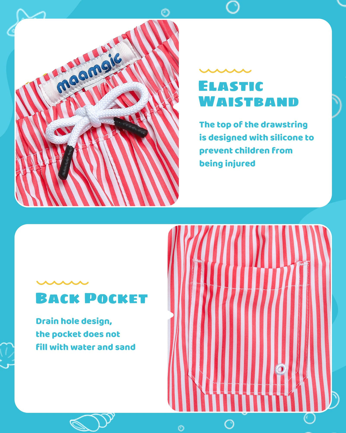 maamgic Boys Swim Trunks with Compression Liner Toddler Stretch Swim Shorts Quick Dry Swimming Trunks Boxer Brief 2 in 1 Beach Shorts Red Stripe 2T