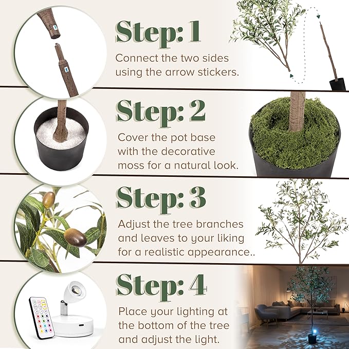 Olive Trees Artificial Indoor 7FT Tree with Rechargeable LED Spotlight, Decorative Moss & Weighted Pot – Tall Realistic Olive Plant for Home, Office, or Event Décor (7FT)