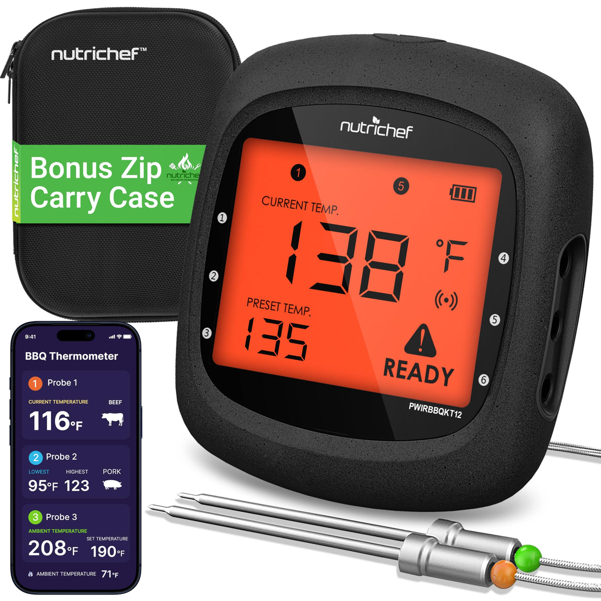 NutriChef Bluetooth Meat Thermometer for Grilling and Smoking, up to 6 Temperature Probes and Smart APP, 400 Ft Range, LCD
