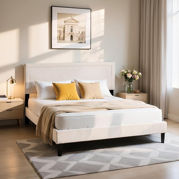 Hokway Bed Frame Upholstered Platform Bed with Headboard Wooden Slat Support No Box Spring Needed(Queen, Soft Beige)