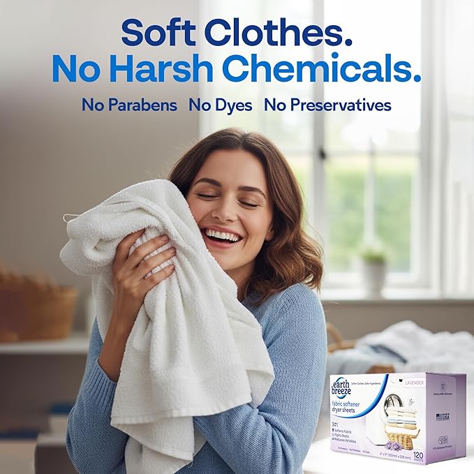 Earth Breeze Fabric Softener Dryer Sheets – Lavender, Hypoallergenic, No Harsh Chemicals, Safe Ingredients – Soft Clothes – Static Cling & Wrinkle Reducer – Gentle Fabric Care – Made in USA (2 Pack)
