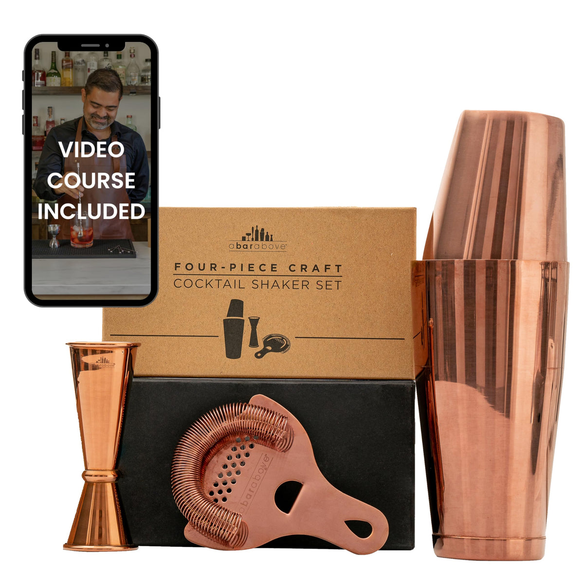 A Bar Above 4 Piece Cocktail Shaker Set, Bartender Kit, Antique Copper