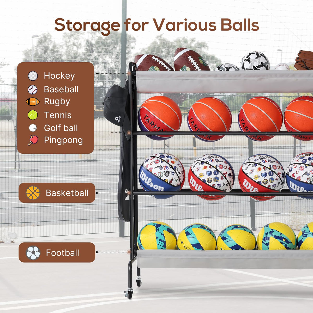 Holbrett Basketball Rack, Rolling Ball Storage Stand with Baseball Bat Holder Storage Cart and Movable Hooks 4-Layer Organizer Holder with Wheels for Volleyball Football Rugby Balls