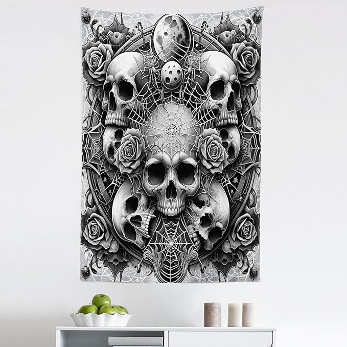 Ambesonne Gothic Tapestry King Size, Dark Tone Neo Spooky Vampire Skulls with American Traditional Roses, Wall Hanging Bedspread Bed Cover Wall Decor, 30" X 45", Pale Grey Dark Grey White