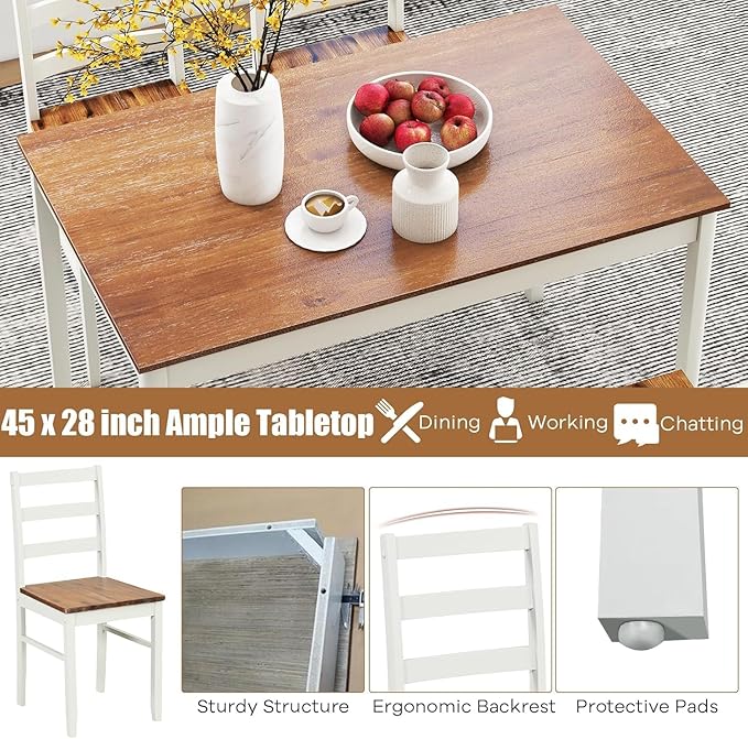 NAFORT Dining Table Set for 4, Solid Wood Kitchen Table and Chairs, Farmhouse Dinette Set w/Apron, Rubber Wood Legs, Mid-Century Modern Dining Room Table and 4 Chairs for Kitchen, Restaurant