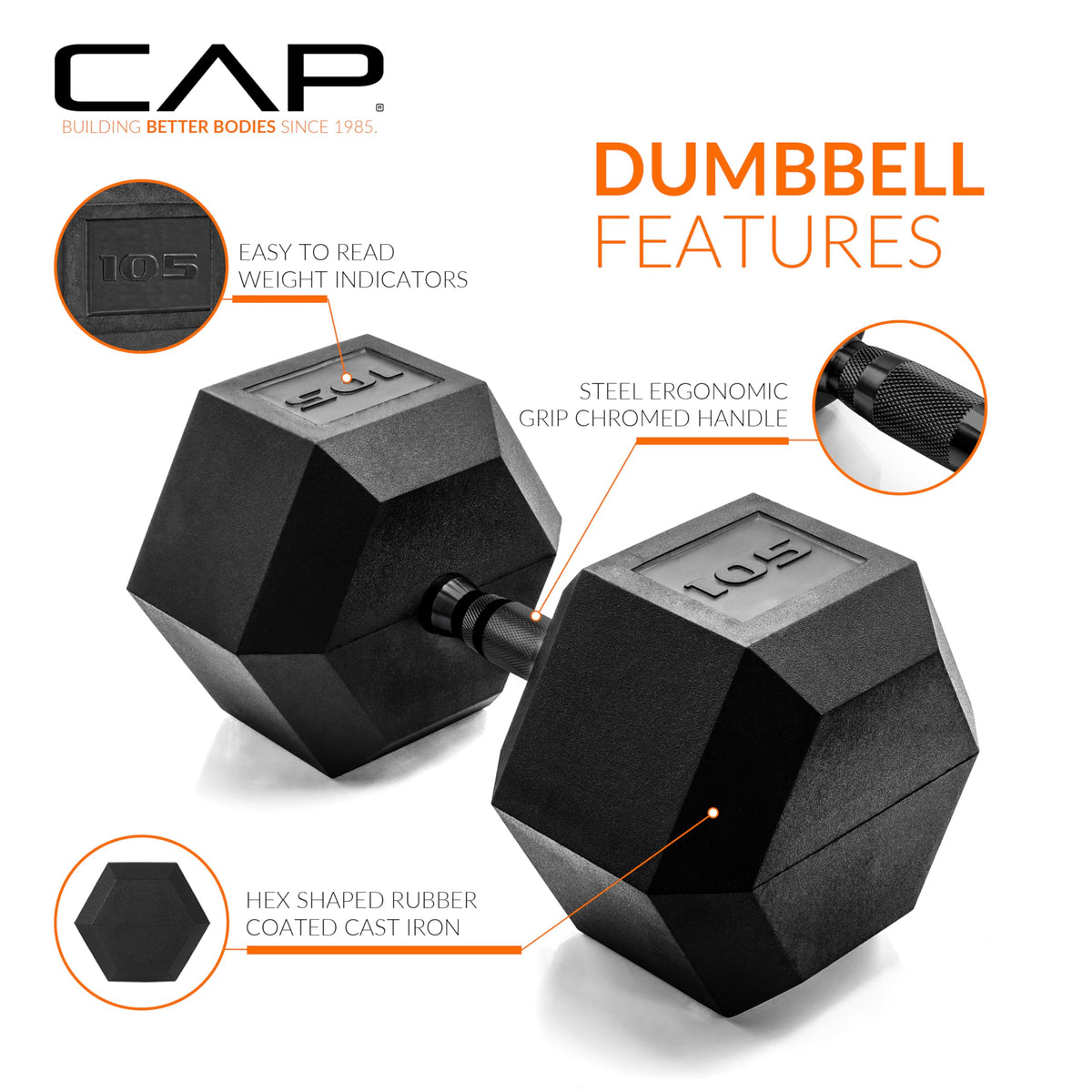 CAP 105 LB Rubber Coated Hex Dumbbell Weight, Rubber Free Weights for Home Gym Strength Training, Black Oxide Handle, Single