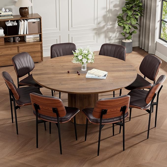 Dining Chairs Set of 4, Mid-Century Modern Upholstered PU Leather Chairs with Walnut Bentwood Back and Metal Legs Adjustable Feet for Kitchen Dining Room, Dark Brown Shell Strips