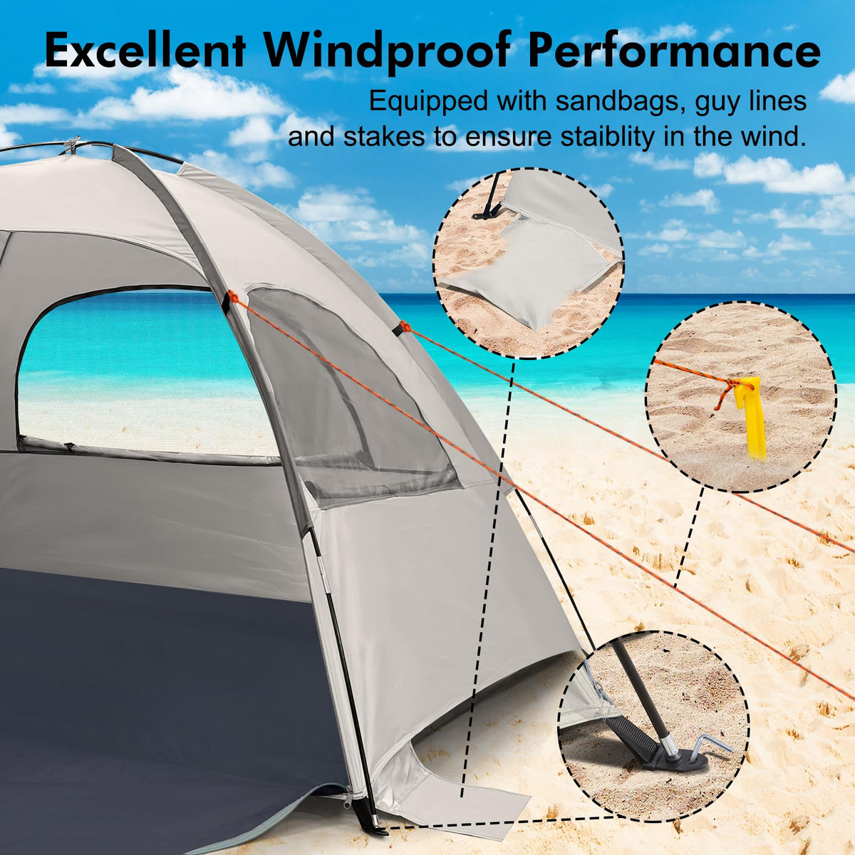 WhiteFang Beach Tent Anti-UV Portable Sun Shade Shelter for 8 Person, Extendable Floor with 3 Ventilating Mesh Windows Plus Carrying Bag, Stakes and Guy Lines (Baby's Breath)