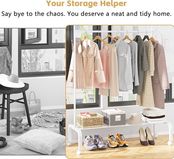 Rolling Clothes Rack Metal Clothing Rack with Wheels Garment Rack with Bottom Shelf for Hanging Clothes Shirts Jeans and Coats White
