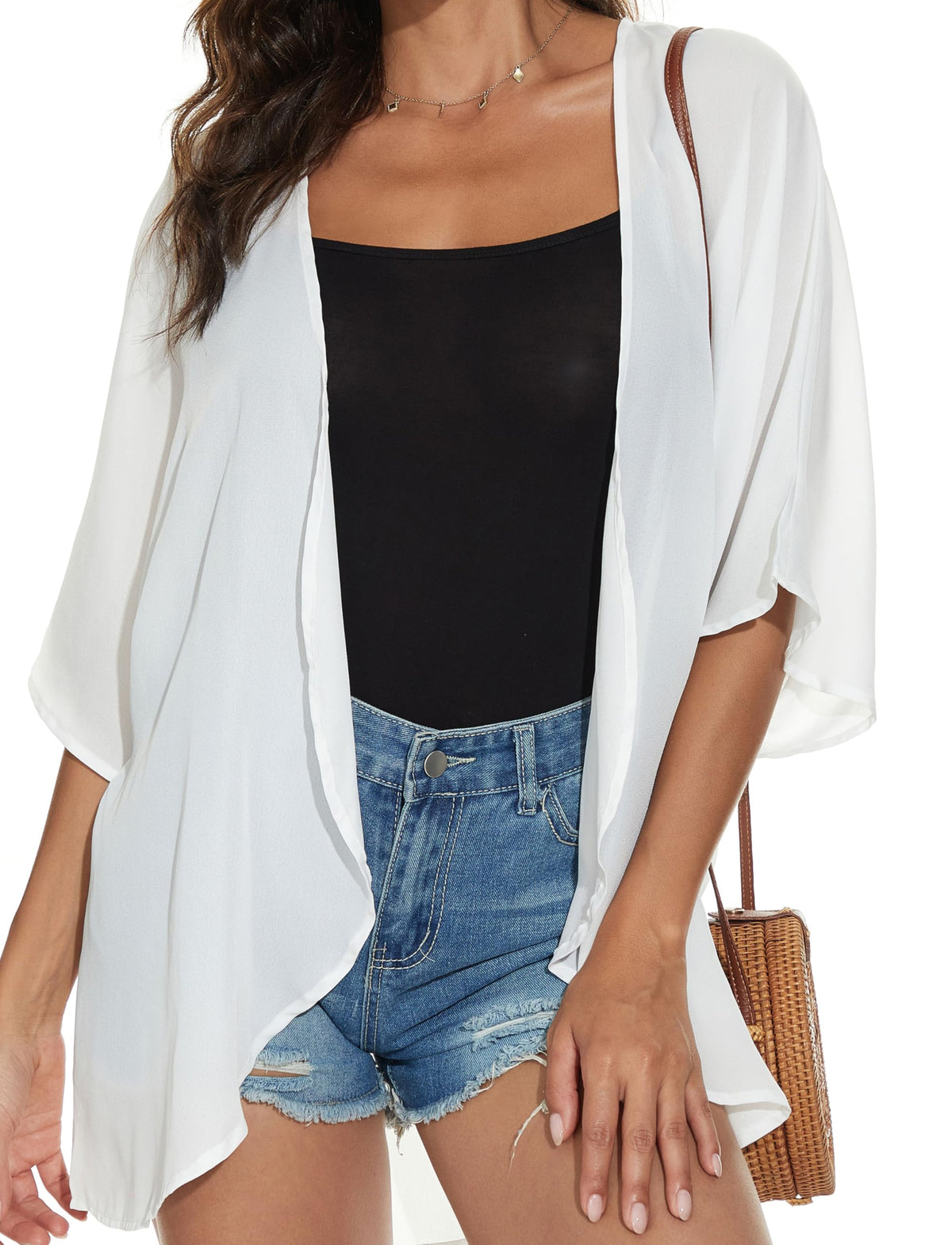 Women Summer Tops Kimono Cardigans Sheer Beach Cover Ups Chiffon Open Front Shirts （White,2XL