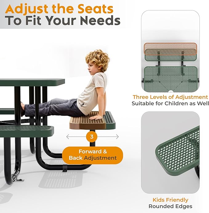 Metal Picnic Tables for Outdoors with Umbrella Hole - Coated Steel Heavy Duty Commercial Grade Furniture with Adjustable Seats (Green, 46 in, Square, Expanded Steel)
