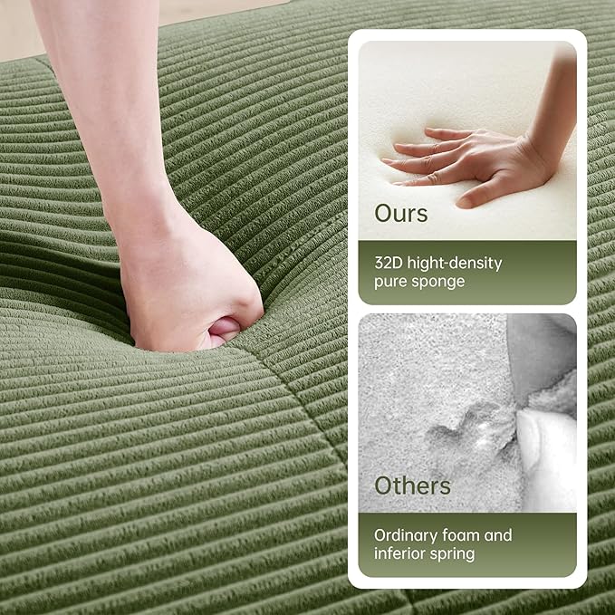 80" Modern Corduroy Boneless Love Seat Couches, 2 Seater Large Sectional Couches for Living Room, Green Cloud Modular Sectional Sofa, Memory Foam, Extra Deep Loveseat, No Assembly
