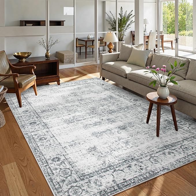 Lahome Vintage 6x9 Washable Grey Rugs for Living Room Bedroom, Soft Dining Room Rugs for Under Table, Non Slip Indoor Throw Carpet for Entryway Kitchen Office (6x9ft,Grey)