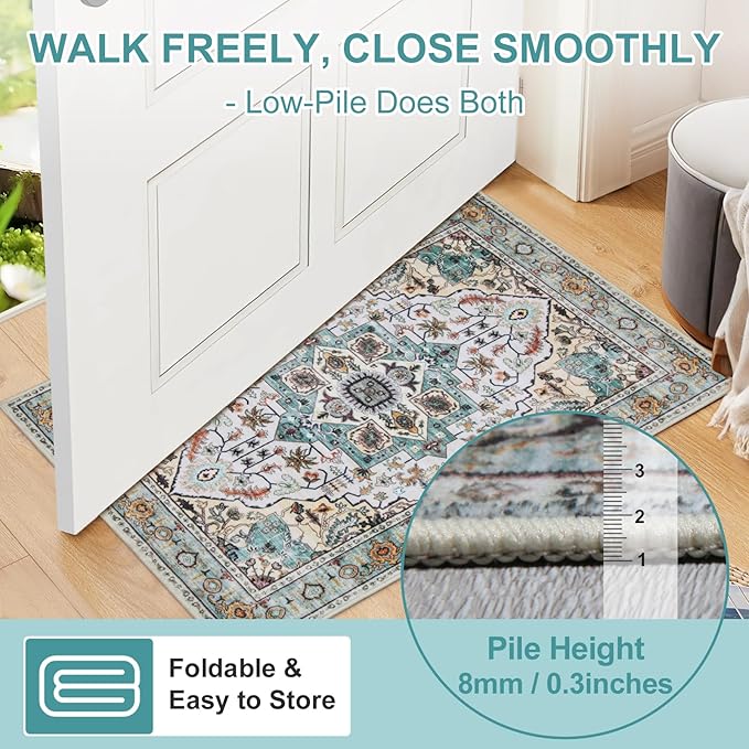 WILLSUN Washable Area Rugs, 3x5 Non-Slip Boho Large Area Rugs for Living Room, Bedroom, Machine Washable Vintage Rug, Indoor Floral Print Carpet for Home Decor, Kid & Pet Friendly Mat