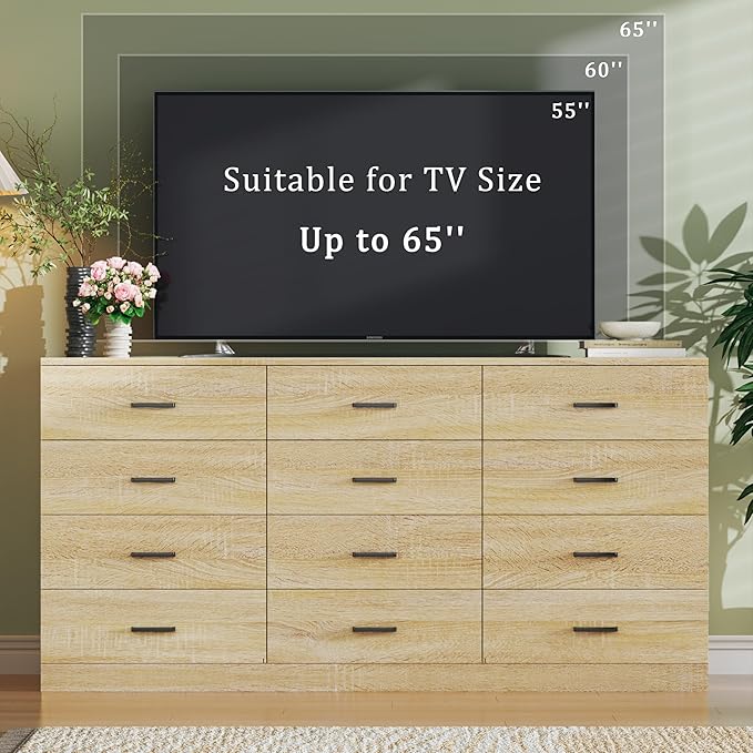 Dresser for Bedroom with 12 Drawers, 60'' Wood Mid Century Modern Dressers, Large Chests of Drawers TV Stand, Natural Wood Grain, Storage Unit Dresser for Bedroom, Entryway, Hallway, Natural