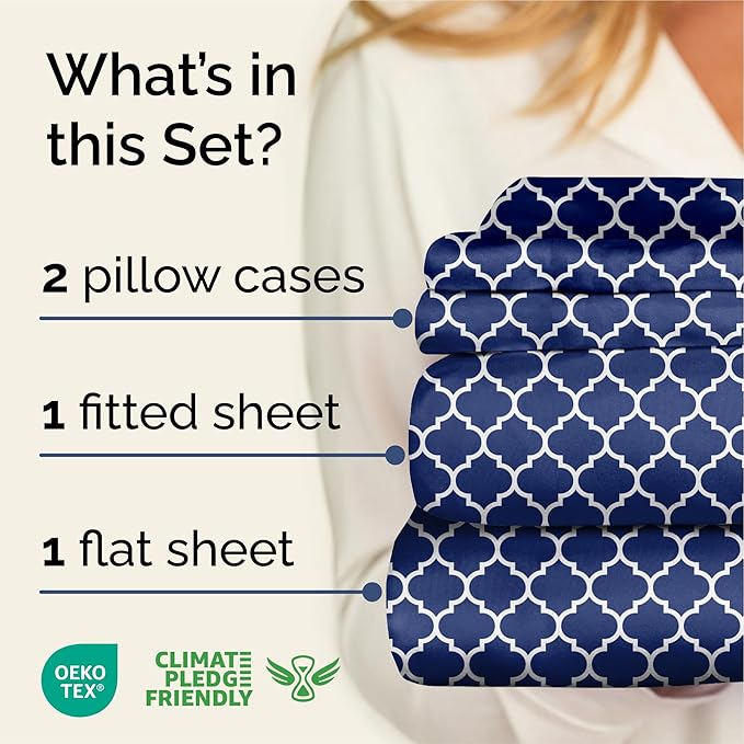 Blue Geometric Bed Sheets - 1 Flat & 1 Fitted Sheet & 2 Pillowcases w/ Deep Pockets – Wrinkle & Fade Free- Ultra-Soft, Breathable and Cooling - Luxury Moroccan Bed Set – Queen Size - Navy Quatrefoil