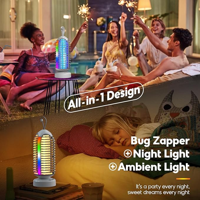 Bug Zapper with Marquee Light, Mosquito Zapper Indoor Outdoor, 4000mAh, Smart Auto On/Off Rechargeable Fly Zapper, Cordless Portable Waterproof Insect Killer for Home, Kitchen, Patio, Camping, Party