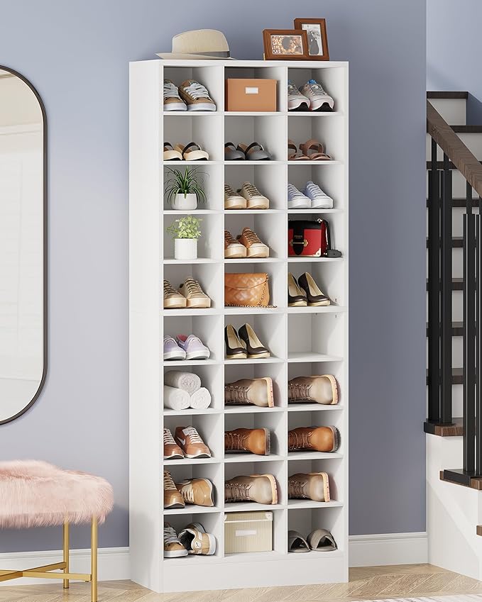 Tribesigns 10-Tier Shoe Storage Cabinet Set of 2, White Wooden Shoe Rack with 30 Cubbies, Freestanding Tall Entryway Shoe Organizer for Closet, Entryway, Living Room