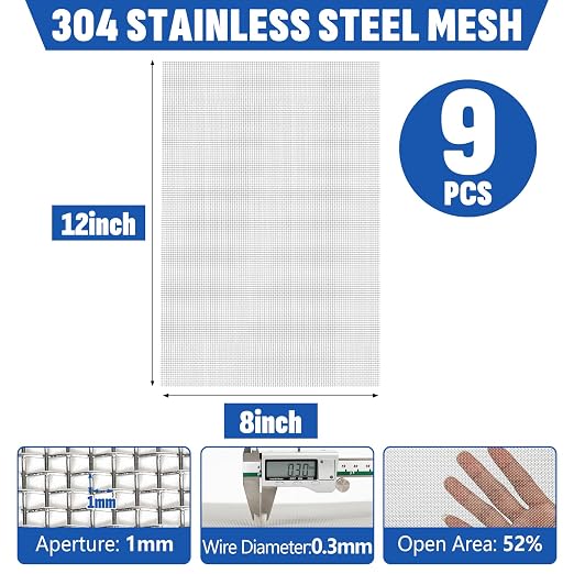 9 Pack 304 Stainless Steel Mesh Screen, Rust Free Woven Wire Mesh, Metal Mesh