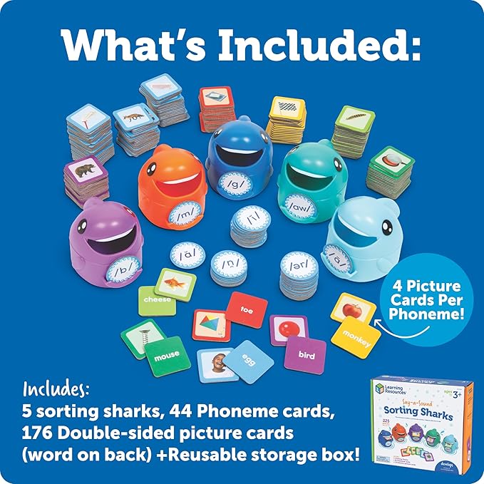 Learning Resources Say-a-Sound Sorting Sharks - Montessori Toys, Kindergarten Learning Activities, Phonemic Awareness Flash Cards, Dyslexia Tools for Kids, Speech Therapy Materials, Learn to Read