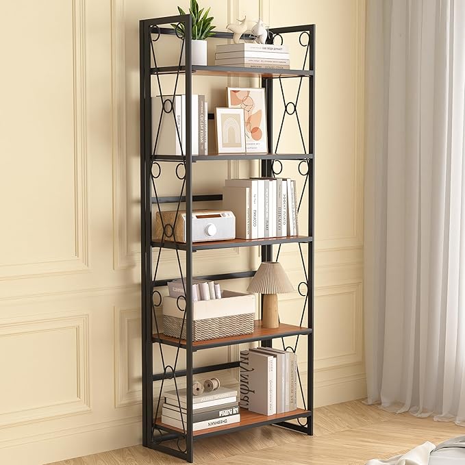 VECELO Folding Bookshelf, 5 Shelf Bookcase No Assembly, Industrial Metal Frame Book Shelves Organizer for Living Room, Office,Brown, 1 Set