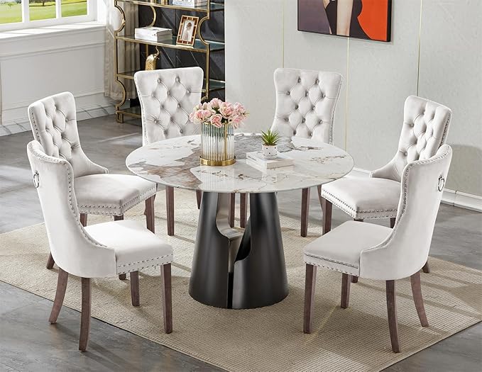 7-Piece Faux Marble Round Dining Table Set for 6, Modern Luxury Kitchen Table Set for 6 with Beige Tufted Chairs,Circle Dining Tables with Pandora Grain Top and Black Pedestal Base