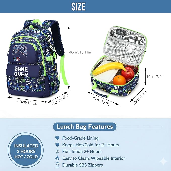 Makukke Kids Backpack for School Boys, 15.6" Gamer Backpack with Lunch Box & Pencil Case, Bookbag For Elementary, Middle School