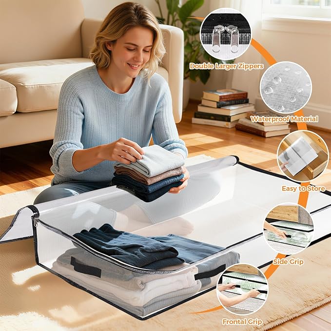 8 Pack Under Bed Storage Bags, 90L Foldable Clear Storage Containers with Handles, Dual Zippers for Comforter, Clothes, Bedding, Linen Sheets, Sweaters, Blanket Storage