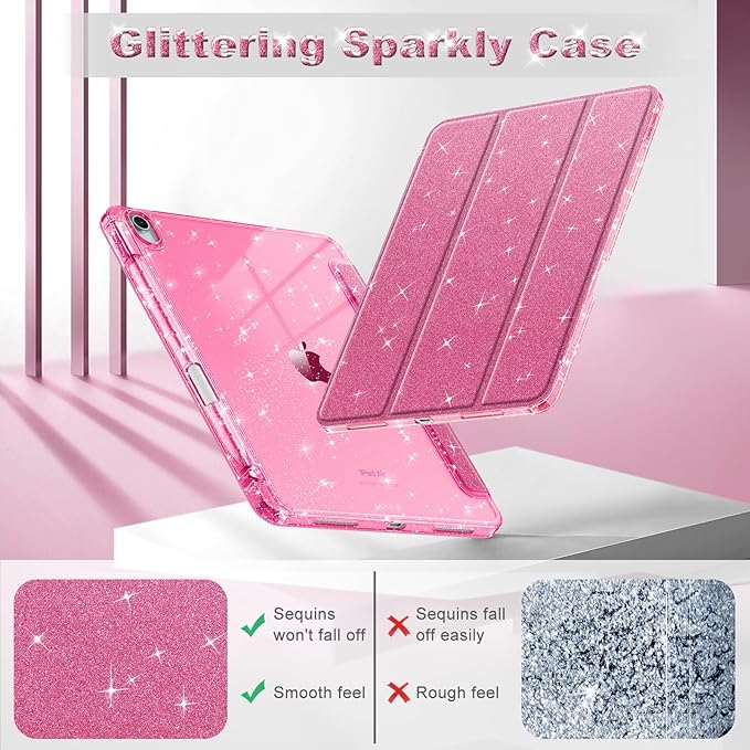 Fintie Slim Case with Pencil Holder for iPad Air 11-inch M4/M3/M2 (2026/2025/2024), iPad Air 5th (2022) / 4th Generation 10.9 Inch - Glittering Sparkly Cover with Shiny Clear Back Shell, Pink