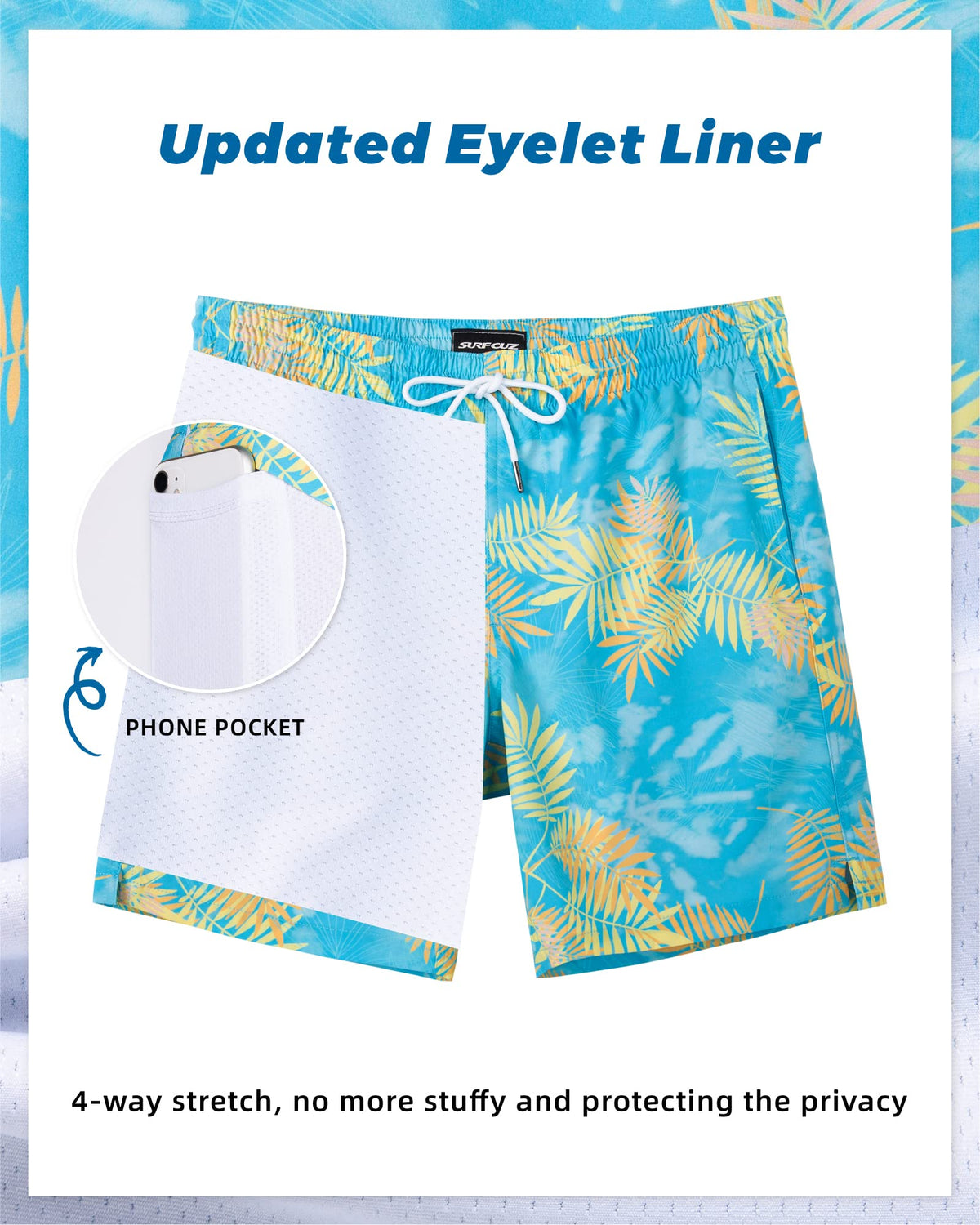 SURF CUZ Mens Swim Trunks with Compression Liner Quick Dry Swim Shorts 7" Swimming Trunks Stretch Zipper Pockets Blue Yellow Leaves Small