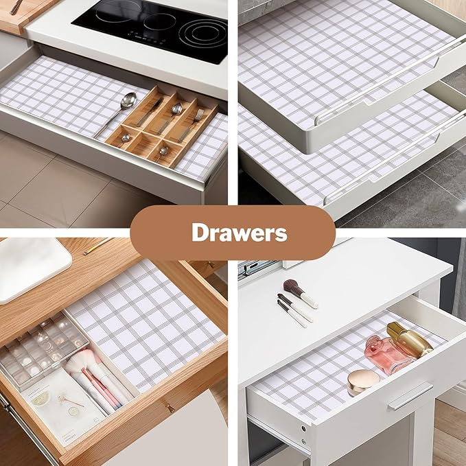 Drawer and Shelf Liner for Kitchen Cabinet: 17 in X 20 Ft Non Slip Waterproof Shelf Paper Non Adhesive Refrigerator Liners White Square Easy Liners for Bathroom Cupboard with Knife Tape Measure