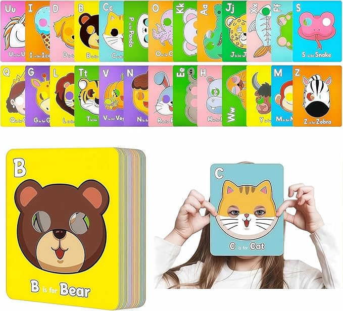 Alphabet ABC Flash Cards with Animal Masks, 26 Giant Animal mask Alphabet Cards, nteractive Education Games, Uppercase & Lowercase Learning Games，Colorful Mask Flashcards