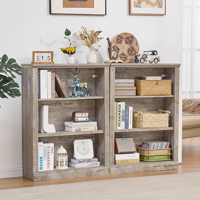43" Grey Tall Bookshelf Set of 4,3-Tier Thick Wooden Book Shelf with Adjustable Shelves,Free Standing Farmhouse Bookcase with Open Display Storage,Floor Vintage Bookshelves for Living Room