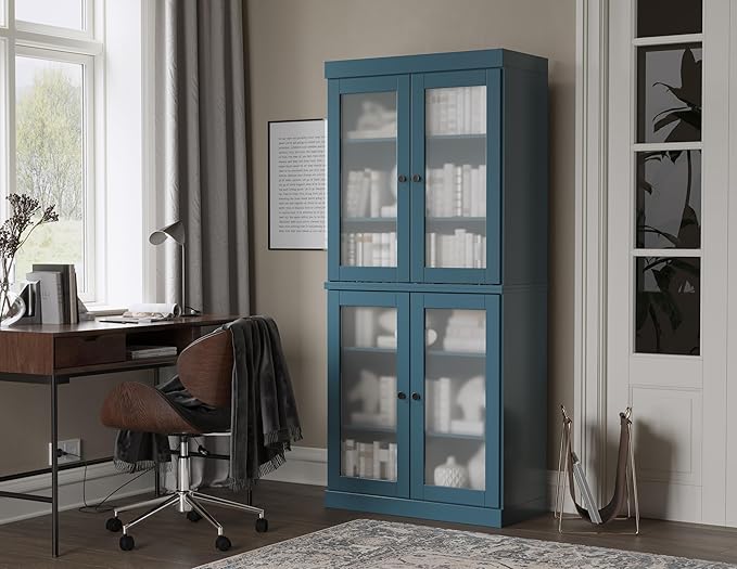 Palace Imports Solid Wood Bookcase w/Frosted Glass Doors & Adjustable Shelves for Living Room - 6-Tier Tall Bookshelf, 71.5" H x 32” W - Teal Blue, 100% Renewable Eco-Friendly Wood, Made in Brazil