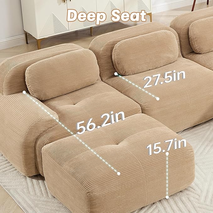 80" Modern Corduroy Boneless Love Seat Couches with 1 Ottoman, 2 Seater Large Sectional Couches for Living Room, Camel Cloud Modular Sectional Sofa, Memory Foam, Extra Deep Loveseat, No Assembly