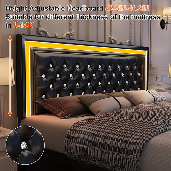 Queen Led Bed Frame with 4 Storage Drawers, Bed Frame with Led Lights, No Box Spring Needed, 900 lbs Capacity, Easy Assembly, PU Black