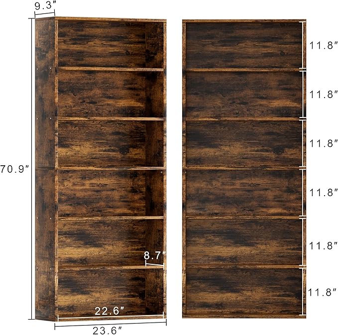 JAMFLY Narrow Tall Bookshelf 6 Shelf Bookcase Vertical Storage, Slim Profile Tall Narrow Storage Unit for Home Office, Living Room, Bedroom, Vintage Brown, Set of 2