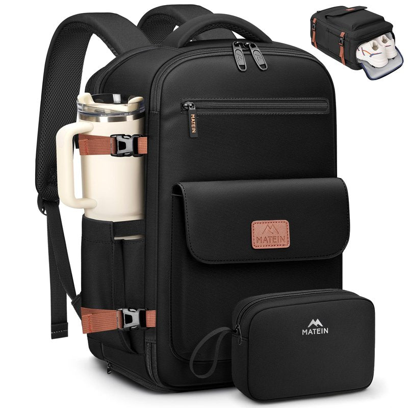 MATEIN Personal Item Backpack 18x14x8 for Frontier, Underseat Travel Backpack with Water Bottle Holder Fit 15.6" Laptops, TSA Approved Luggage Bag with Shoe Compartment for Airlines, 2 Pcs Set