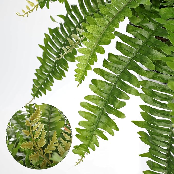 Hollyone 33" Artificial Boston Fern Hanging Basket Large 39 Leaves Fake Ferns in Rattan Pot Greenery Plants for Outdoors & Indoor Faux Fern Bush Basket Plant Patio Garden Home Decor Green