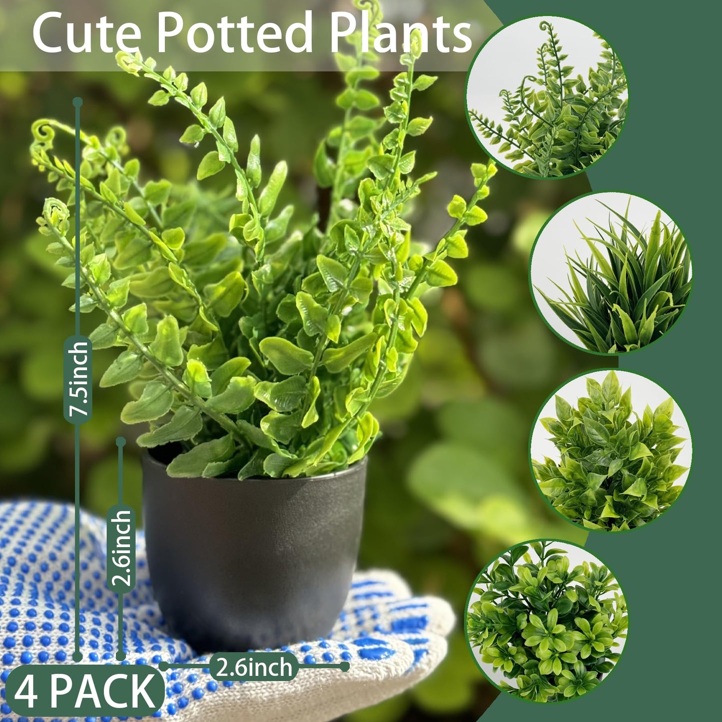 DCECDWD Set of 4 Fake Plants 7” Small Potted Plants Artificial Plants Indoor Mini Greenery Plants for Indoor Decor Home Shelf Office Decor, Compact Black Pot
