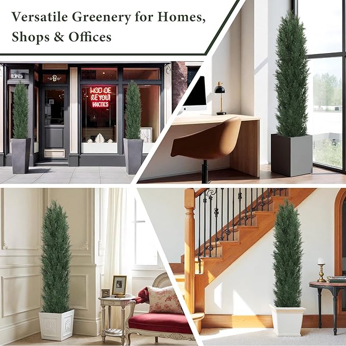 THE BLOOM TIMES 6ft Topiary Trees Artificial Outdoor Set of 2, UV Resistant Faux Cedar Pine Cypress Bushes & Shrubs, Fake Plants for Front Porch Outside Planter Patio Christmas Decor 6 Foot Tall