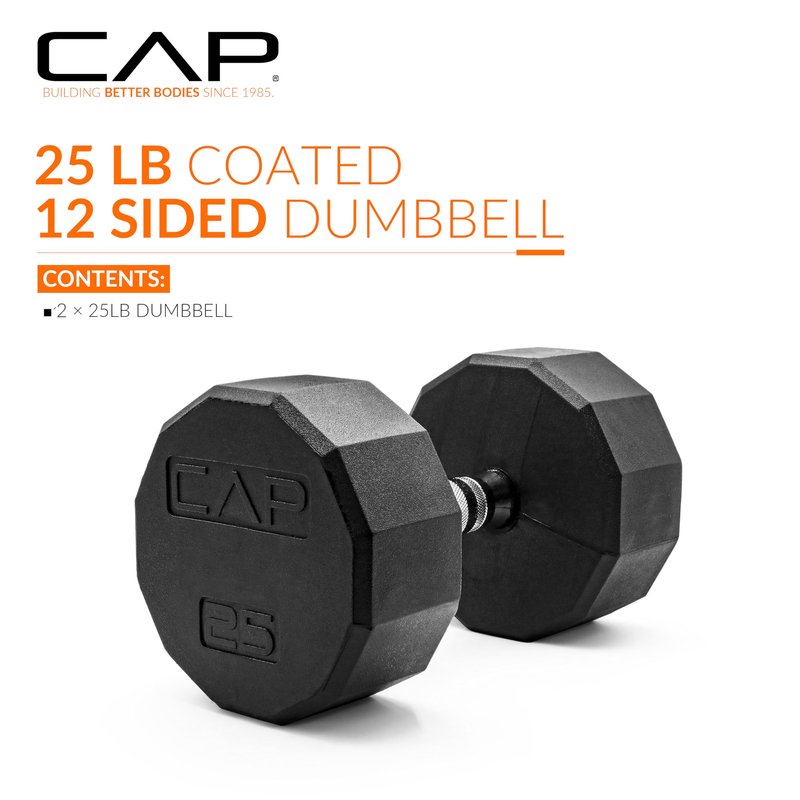 CAP 25 LB 12-Sided Rubber Coated Dumbbell Weight, Rubber Free Weights for Home Gym Strength Training, Chrome Handle, Pair