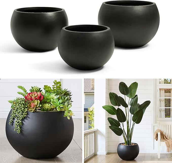 21.3" D Fiberstone Extra Large Planter, Black 16.6" Pot Opening x 14.8" H, Spherical Flower Pot with Drainage Hole, Weather Resistance Indoor Outdoor Planters