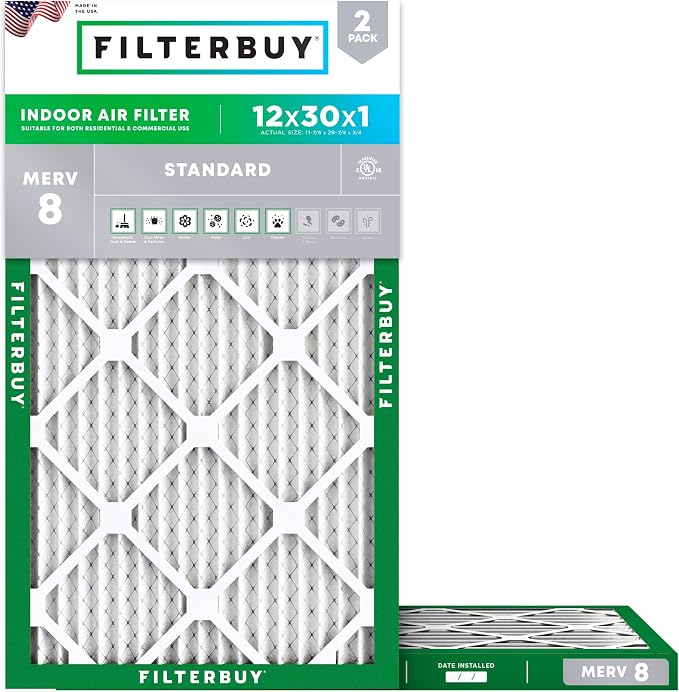Filterbuy 12x30x1 Air Filter MERV 8 Essential Dust & Allergy Defense,