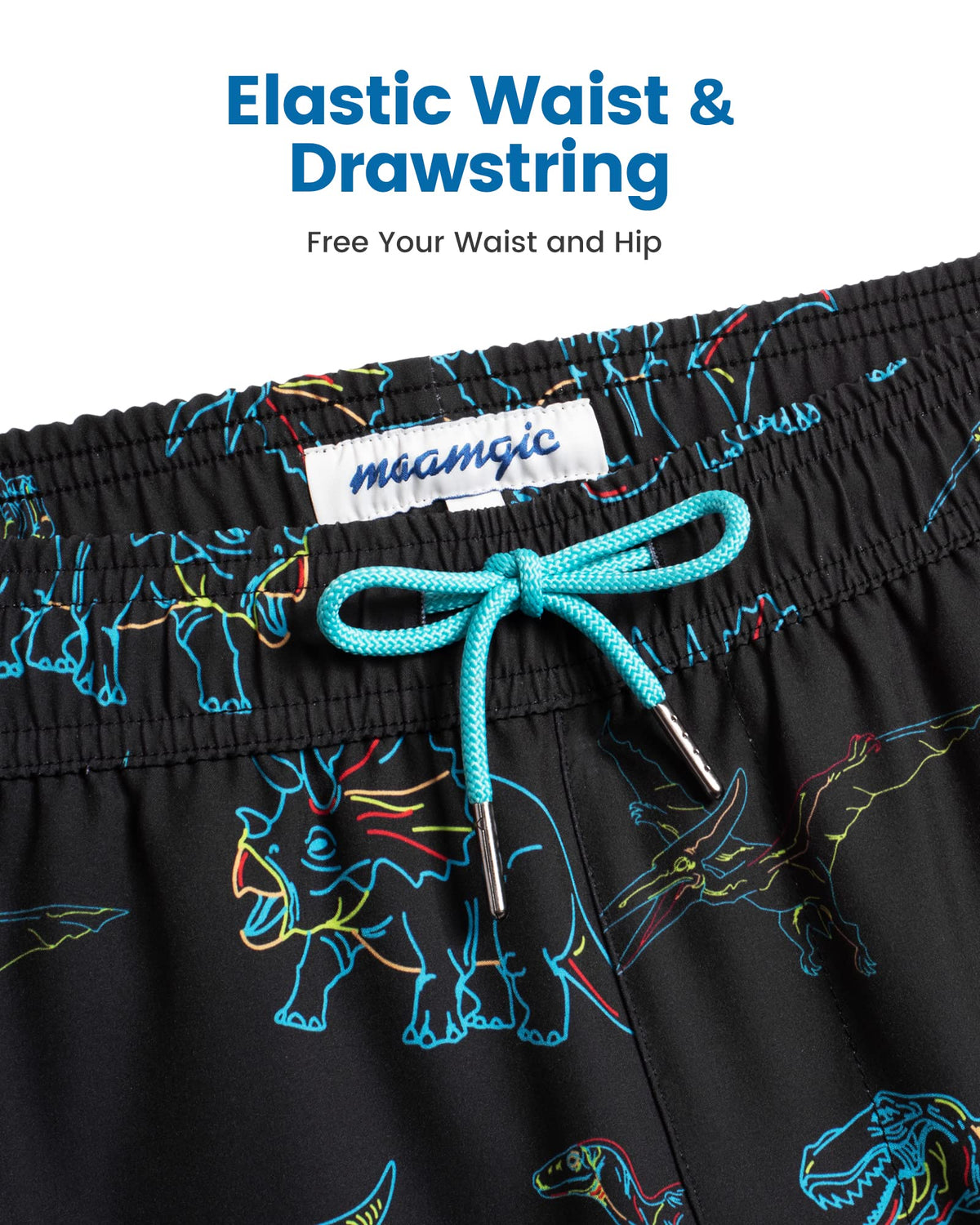 maamgic Mens Swim Trunks with Compression Liner 5 Inch, Quick Dry Bathing Suit with Zipper Pockets, Stretch No-Chafing Swim Shorts, Black-Colorful Dinosaur Large